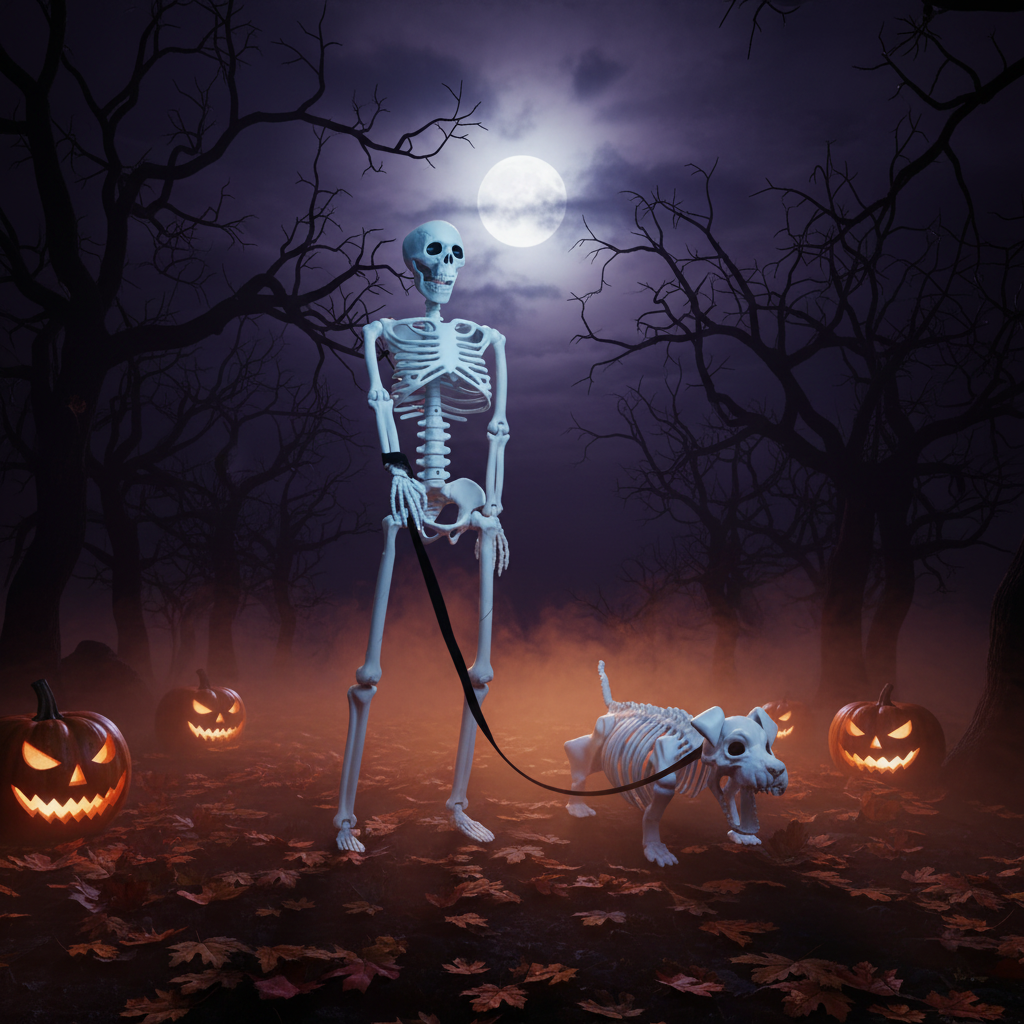 Posable Human and Dog Skeleton Set in Halloween night scene